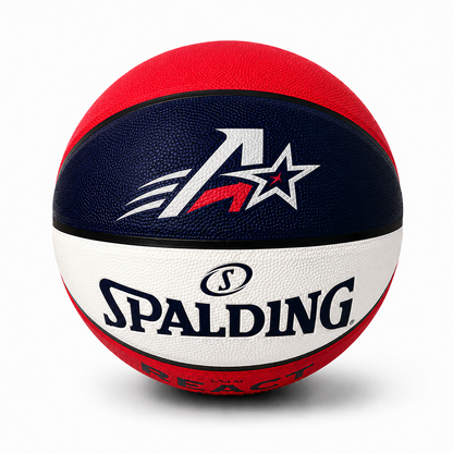 Customized Spalding Red White and Blue Indoor Outdoor TF250 Basketball with a custom logo on the top panel in multicolor.
