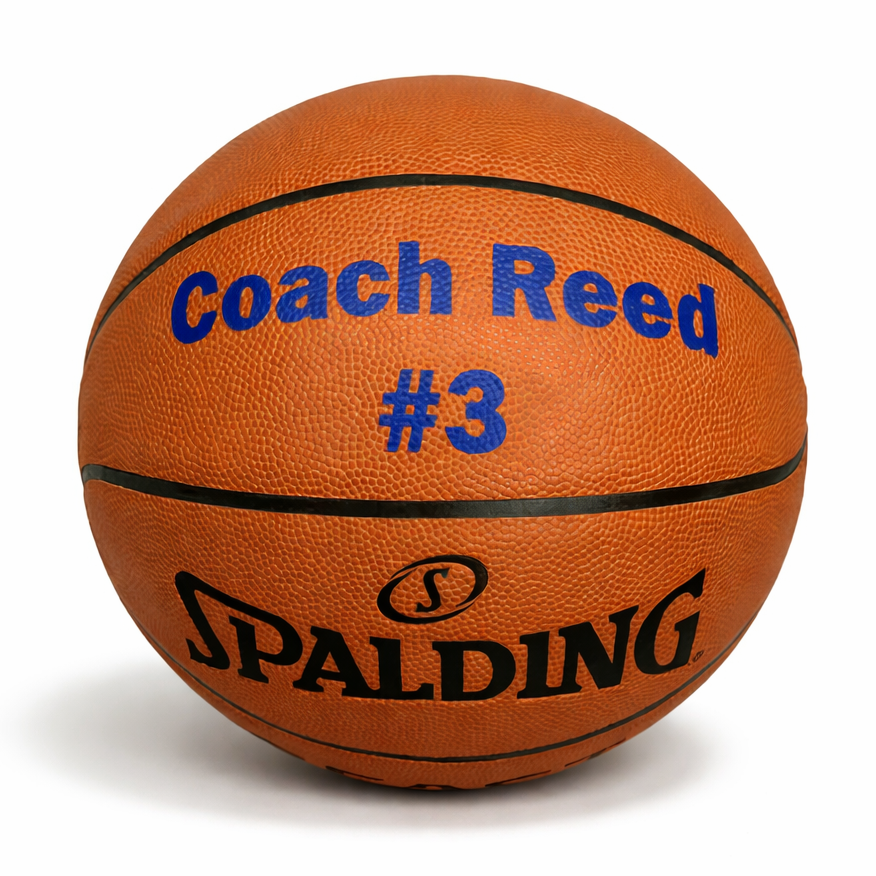 Customized Spalding TF250 Indoor Outdoor Basketball with custom text written on the top panel in royal blue color.