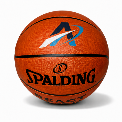 Customized Spalding TF250 Indoor Outdoor Basketball with a custom logo printed on the top panel.
