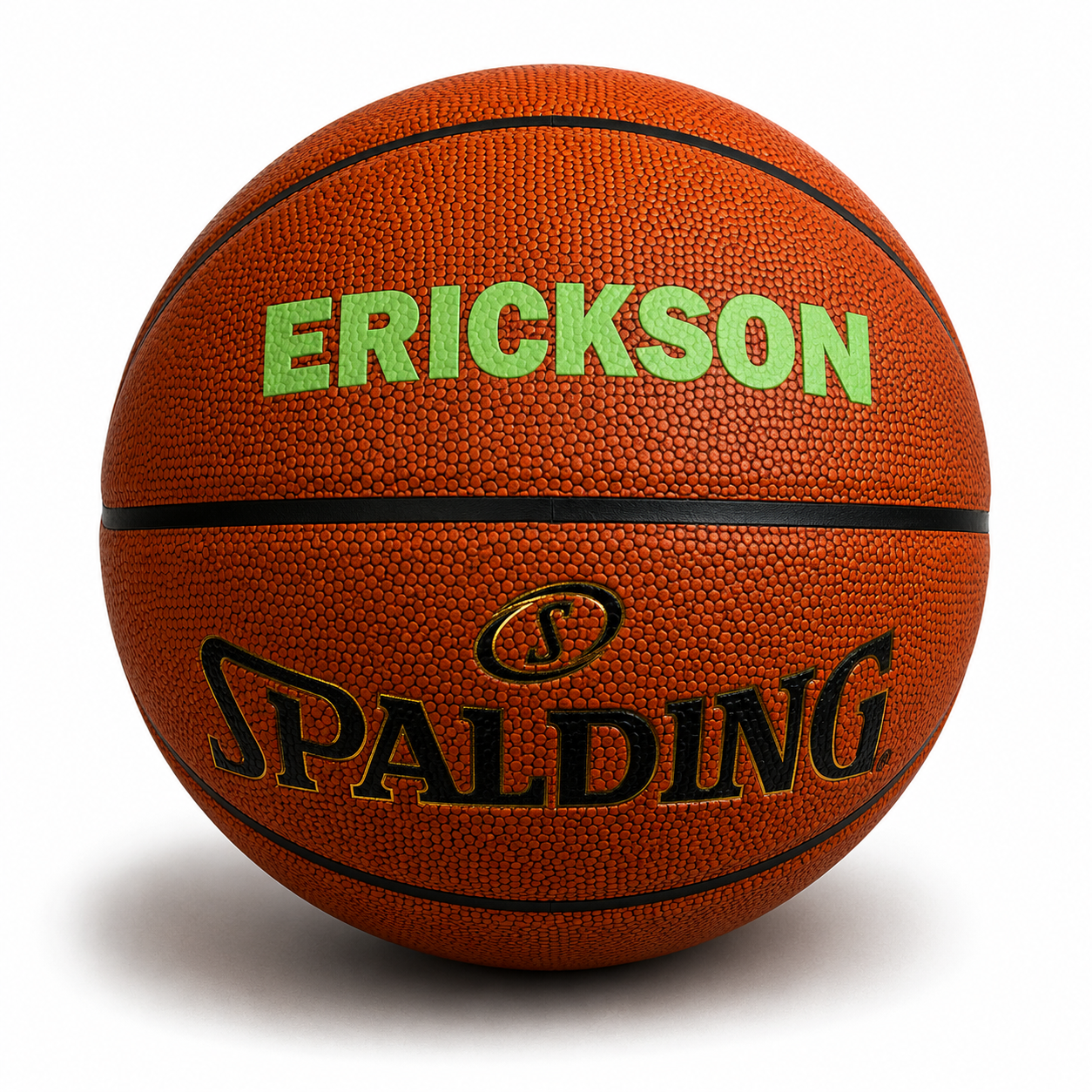 Customized Spalding TF500 Indoor Outdoor Game Ball with custom text printed on the top panel in bright green color.