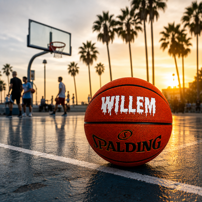 lifestyle image of Customized Spalding TF500 Indoor Outdoor Game Ball with custom text written on the top panel in white color.