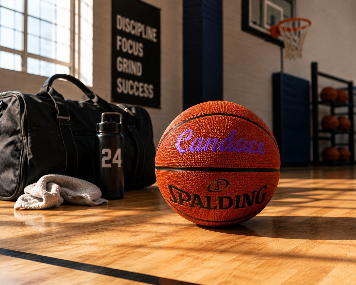 Lifestyle image of Customized Spalding TF500 Indoor Outdoor Game Ball with custom text printed on the top panel in purple color.