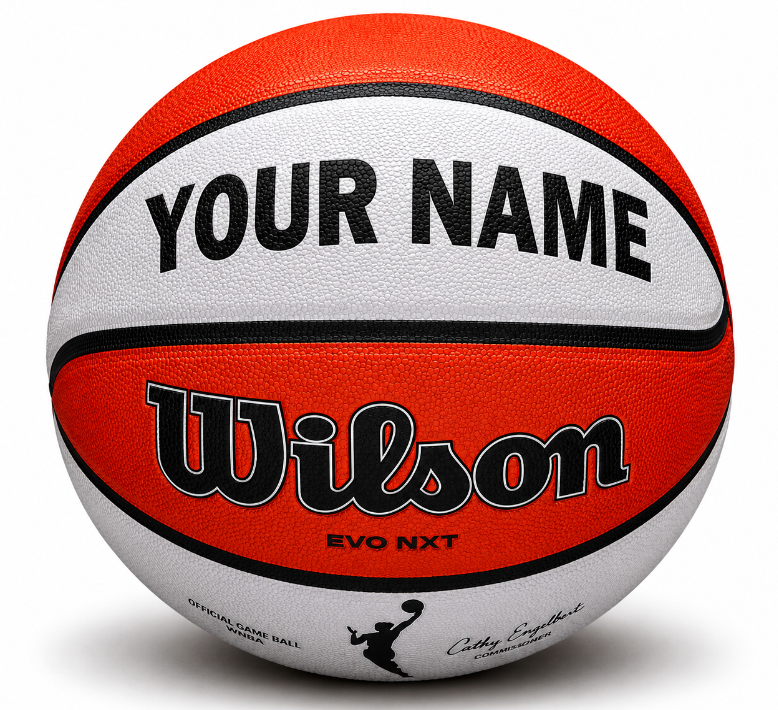 Customized WNBA Official Game Basketball with custom text written on the top panel in black color.