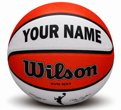 Customized WNBA Official Game Basketball with custom text written on the top panel in black color.