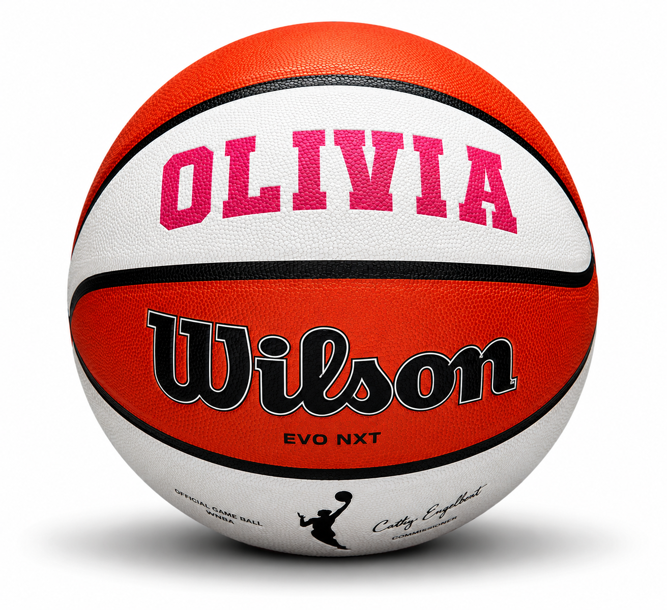 Customized WNBA Official Game Basketball with custom text written on the top panel in pink color.