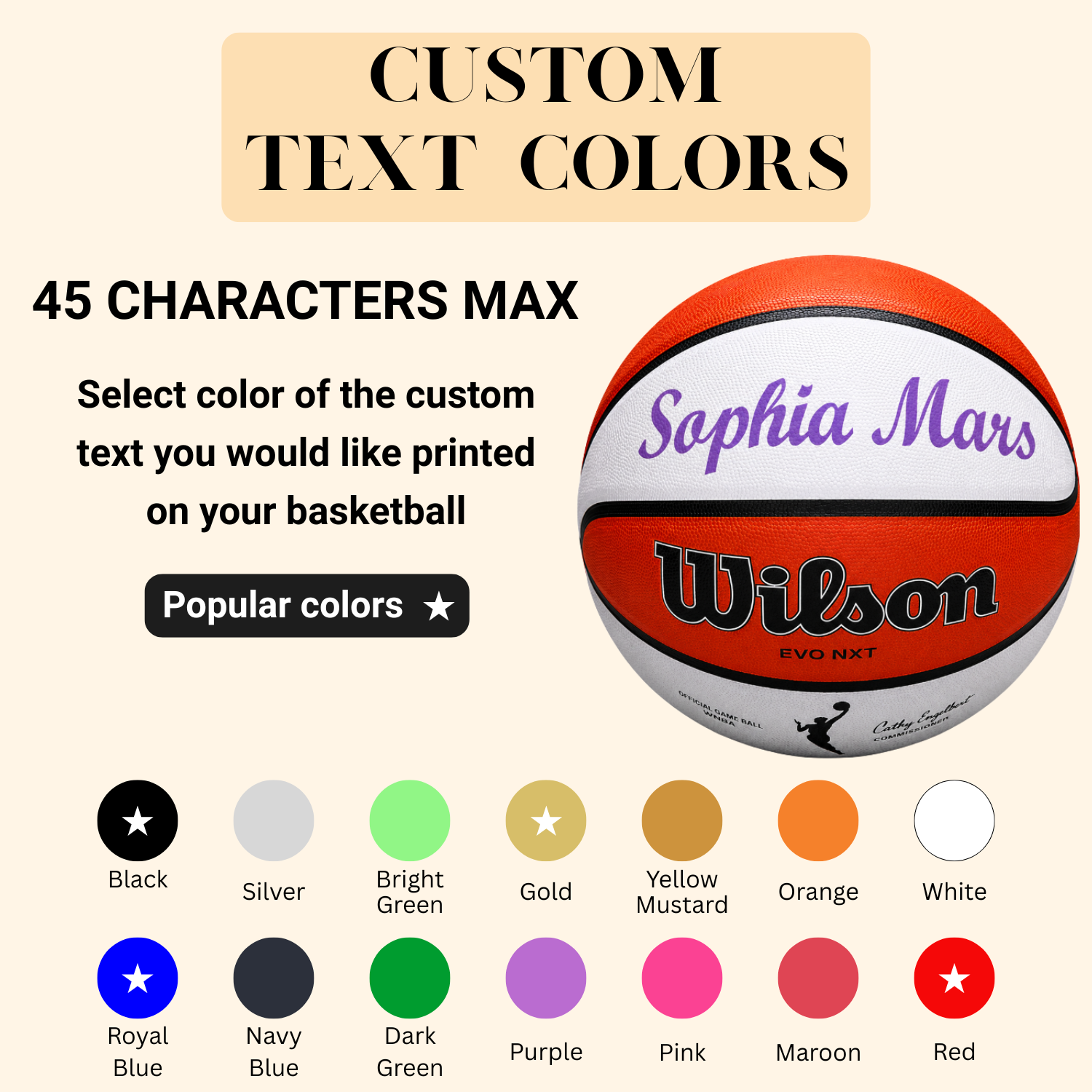 Customized WNBA Official Game Basketball multiple custom text colors image