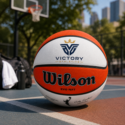 Lifestyle image of a Customized WNBA Official Game Basketball with custom logo on the top panel.