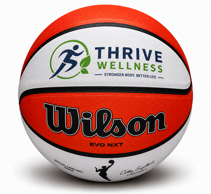 Customized WNBA Official Game Basketball with a custom logo on the top panel in multicolor.