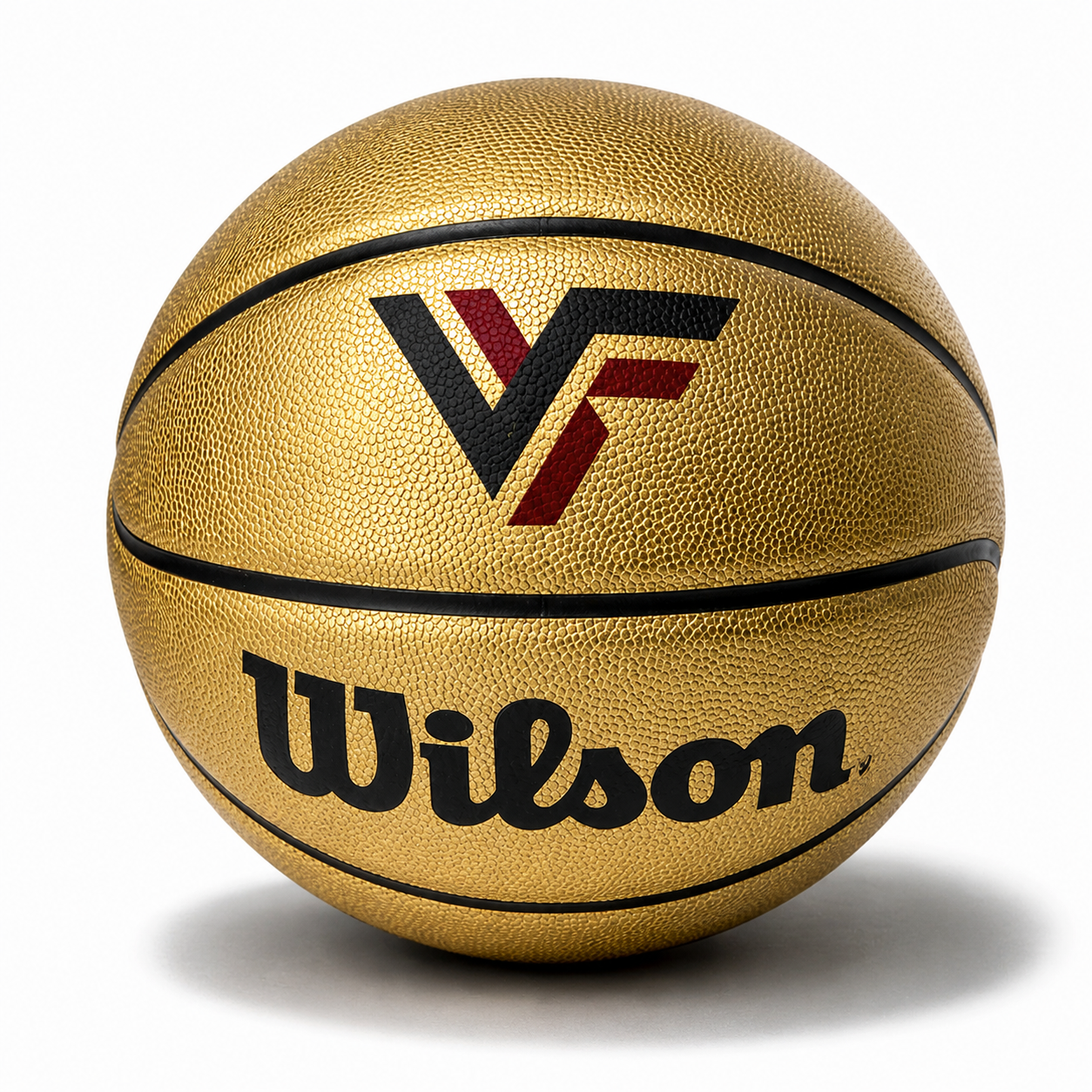Customized Wilson Black and Gold Basketball with a custom logo on the top panel.