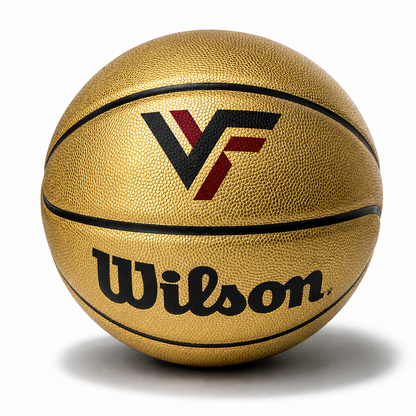 Customized Wilson Black and Gold Basketball with a custom logo on the top panel.