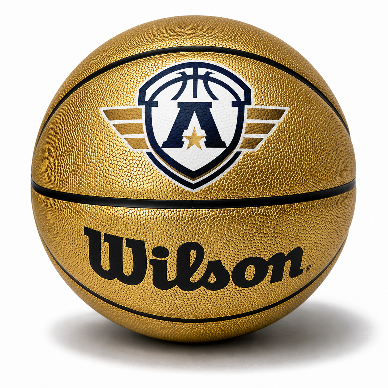 Customized Wilson Black and Gold Basketball with a custom logo on the top panel in multicolor.