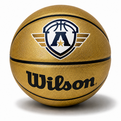 Customized Wilson Black and Gold Basketball with a custom logo on the top panel in multicolor.