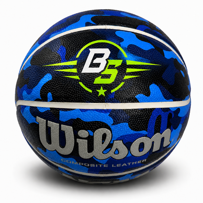 Customized Wilson Blue Camo NCAA Legend Basketball with a custom logo on the top panel.