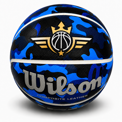 Customized Wilson Blue Camo NCAA Legend Basketball with a custom logo on the top panel in multicolor.
