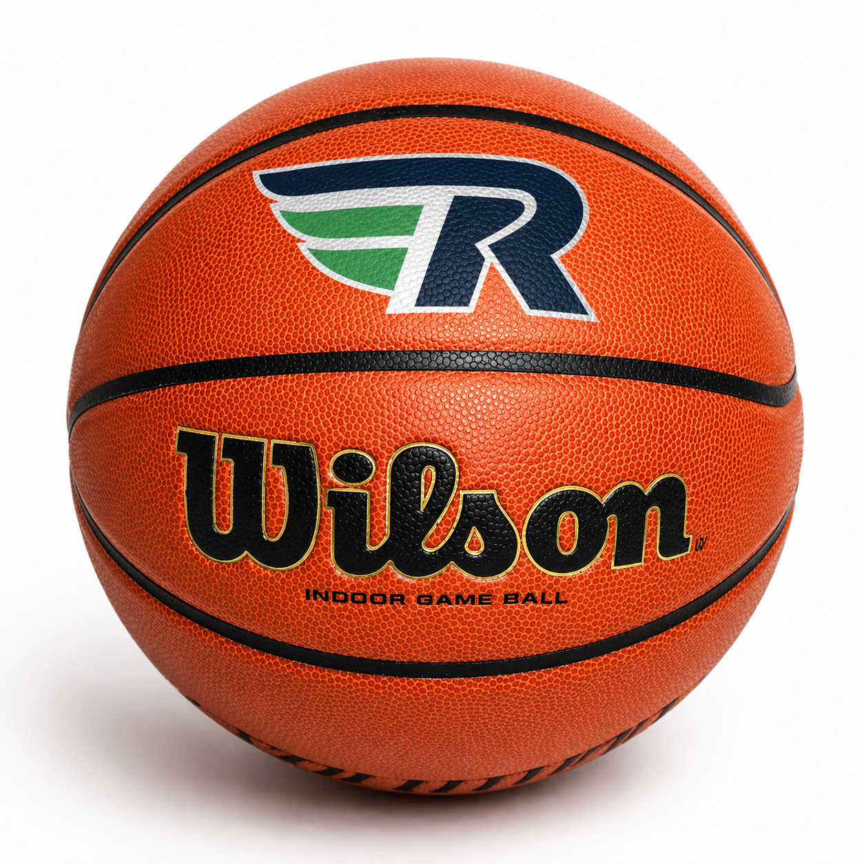 Customized Wilson Evolution Basketball Indoor with a custom logo on the top panel in multicolor.