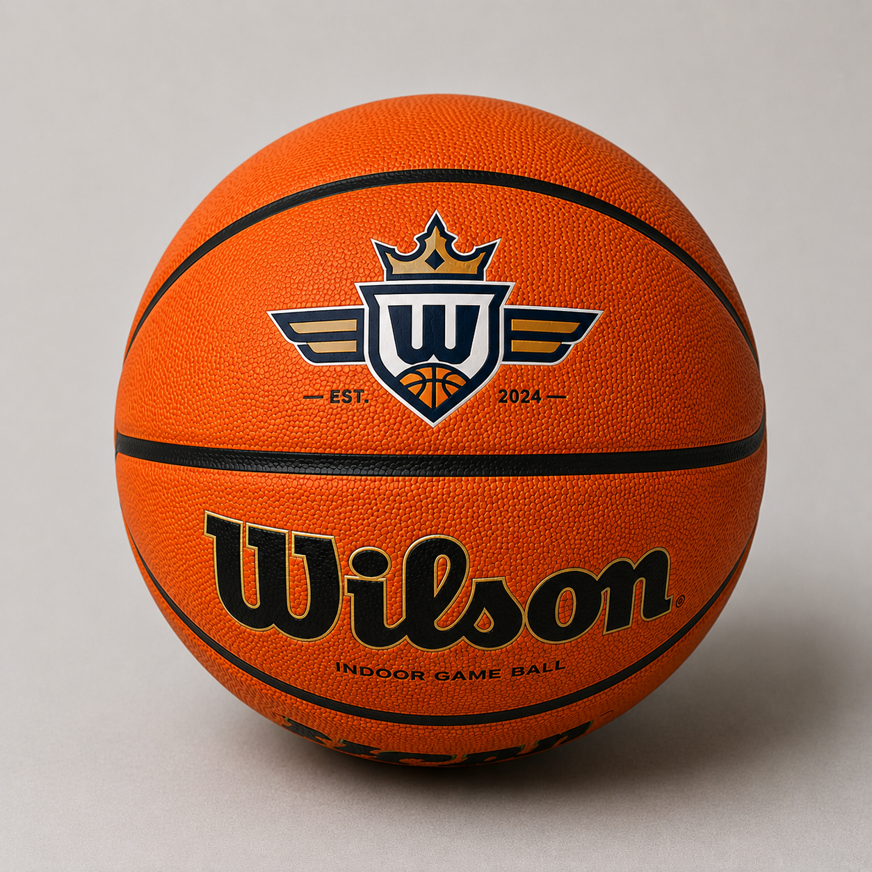 Customized Wilson NCAA EVO NXT Basketball Indoor with a custom logo on the top panel.