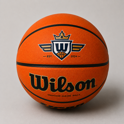 Customized Wilson NCAA EVO NXT Basketball Indoor with a custom logo on the top panel.