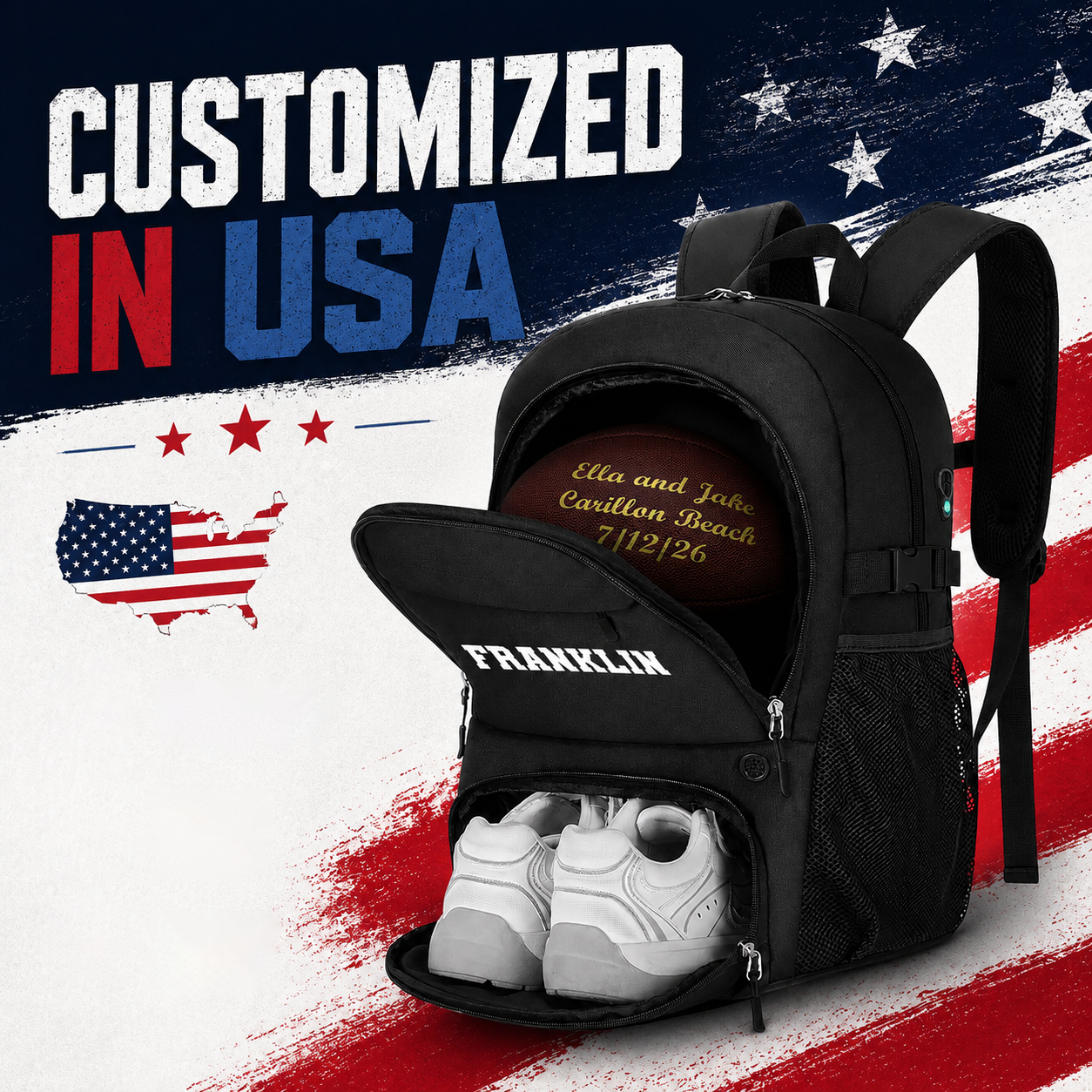 Personalized in USA Football, Black Backpack Perfect Gift for Football players