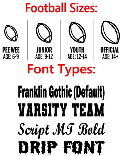 Multiple Font Options for Custom Text and Football Sizing Guide