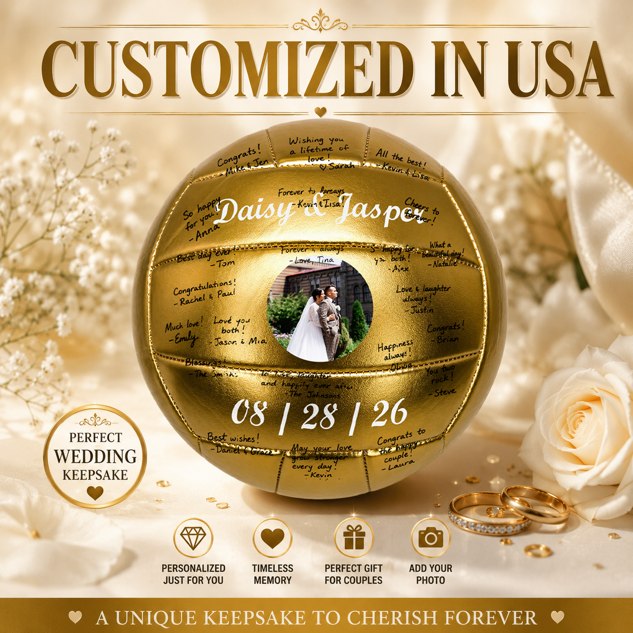 Personalized gold wedding keepsake volleyball customized with couple's names, wedding date, and photo, designed as a unique wedding guest book alternative for guest signatures and memorable keepsake gifts.