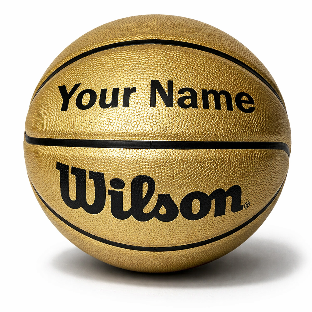 Customized Wilson Black and Gold Basketball with Custom Text in Black Color