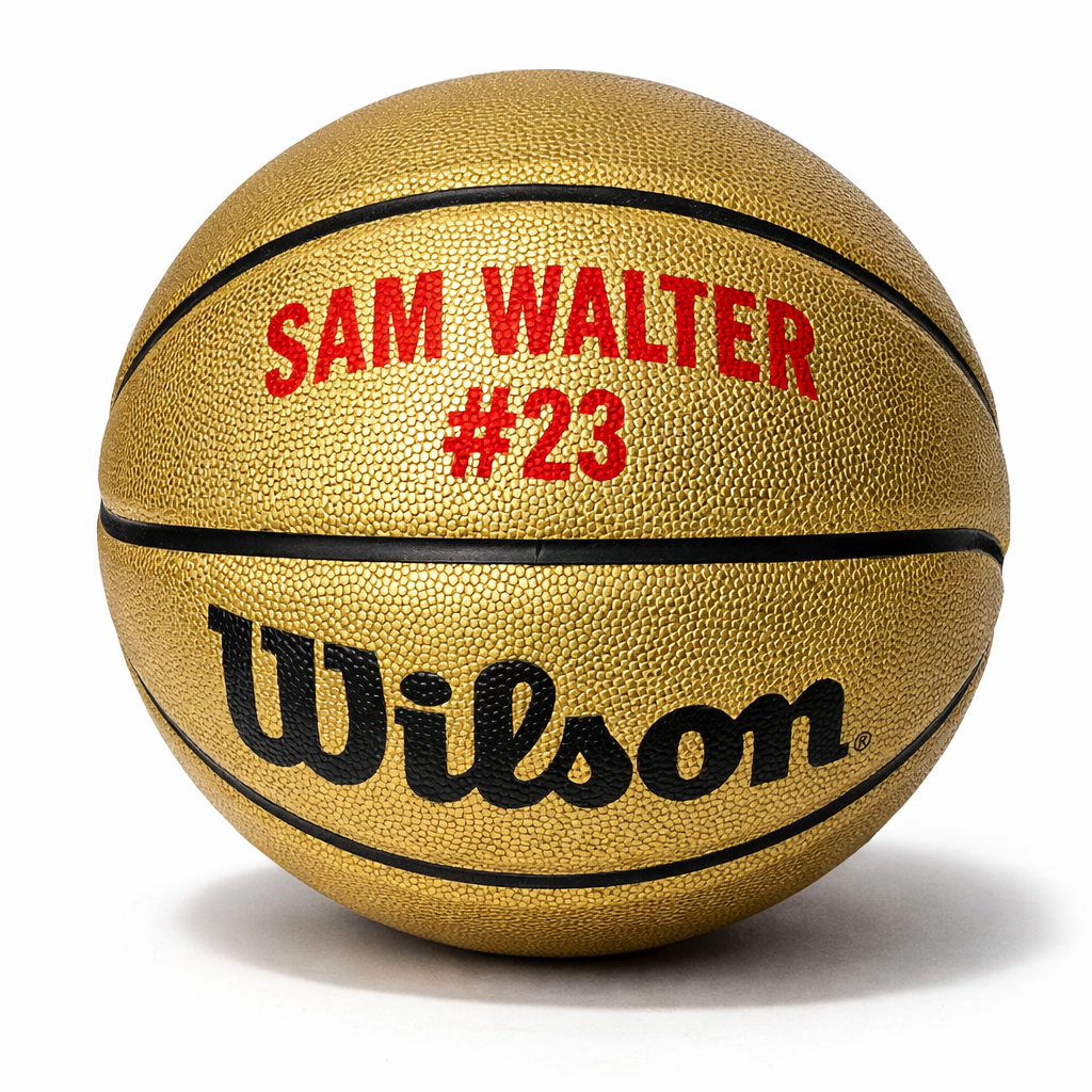 Customized Wilson Black and Gold Basketball Personalized with Custom Text in 2/Two Lines in Red Color