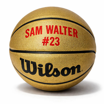 Customized Wilson Black and Gold Basketball Personalized with Custom Text in 2/Two Lines in Red Color