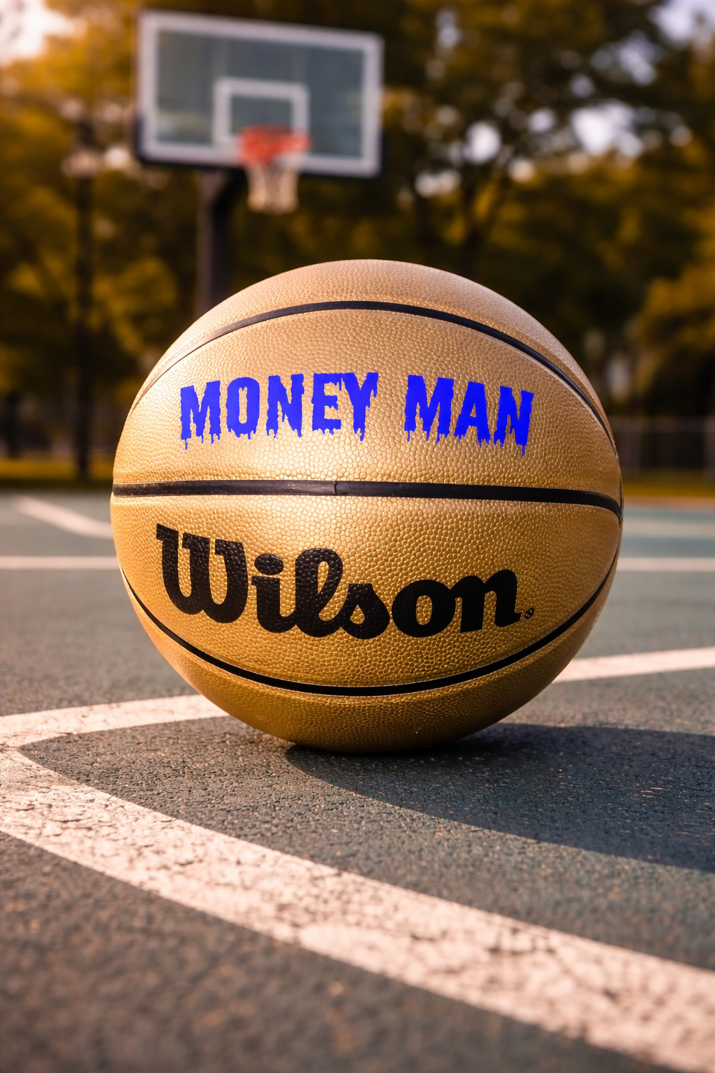 Customized Wilson Black and Gold Basketball Personalized with Custom Text in Blue Color on Court