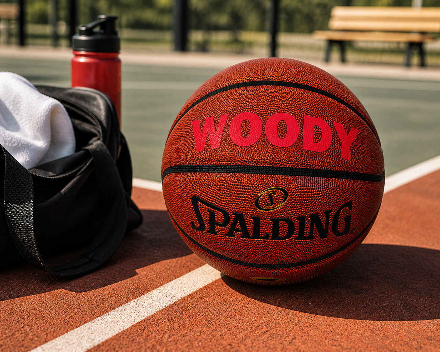 Customized Spalding Neverflat Basketball with Custom Text in Maroon Color on Court