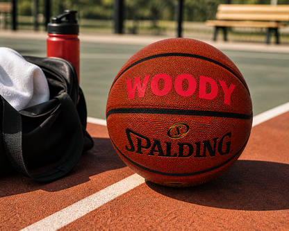 Customized Spalding Neverflat Basketball with Custom Text in Maroon Color on Court