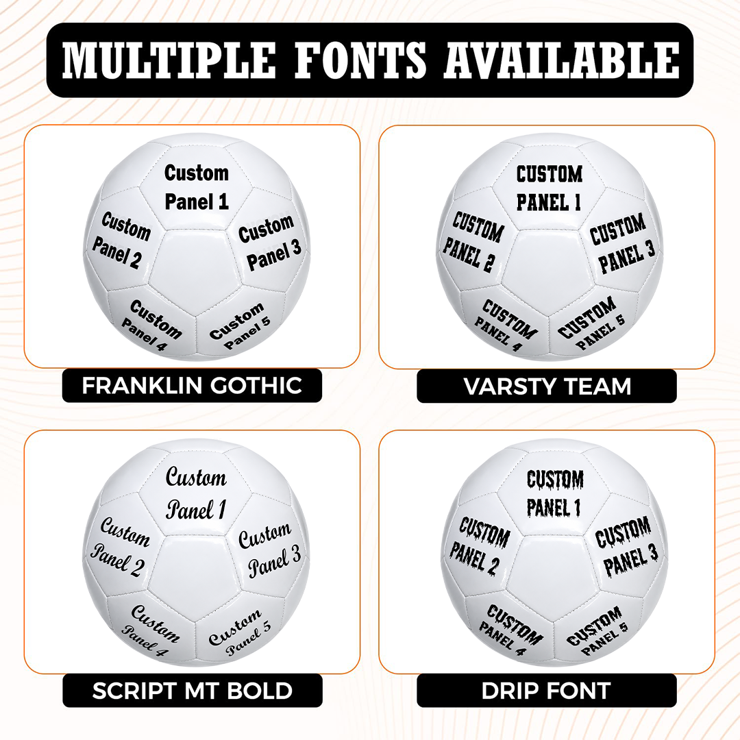 Personalized All White Soccer Ball Multiple Fonts Available with 4 Panels custom UV-printed logo and text.