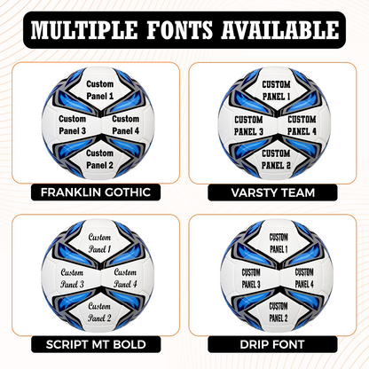Personalized Hammet Soccer Ball Multiple Fonts Available with 4 Panels custom UV-printed logo and text.