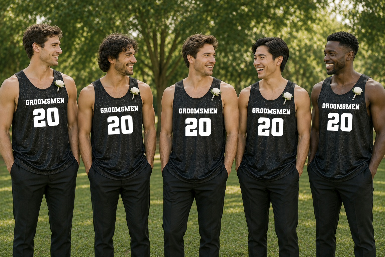 Personalized Black Jersey Groomsmen Outfit Photoshoot with Custom Number