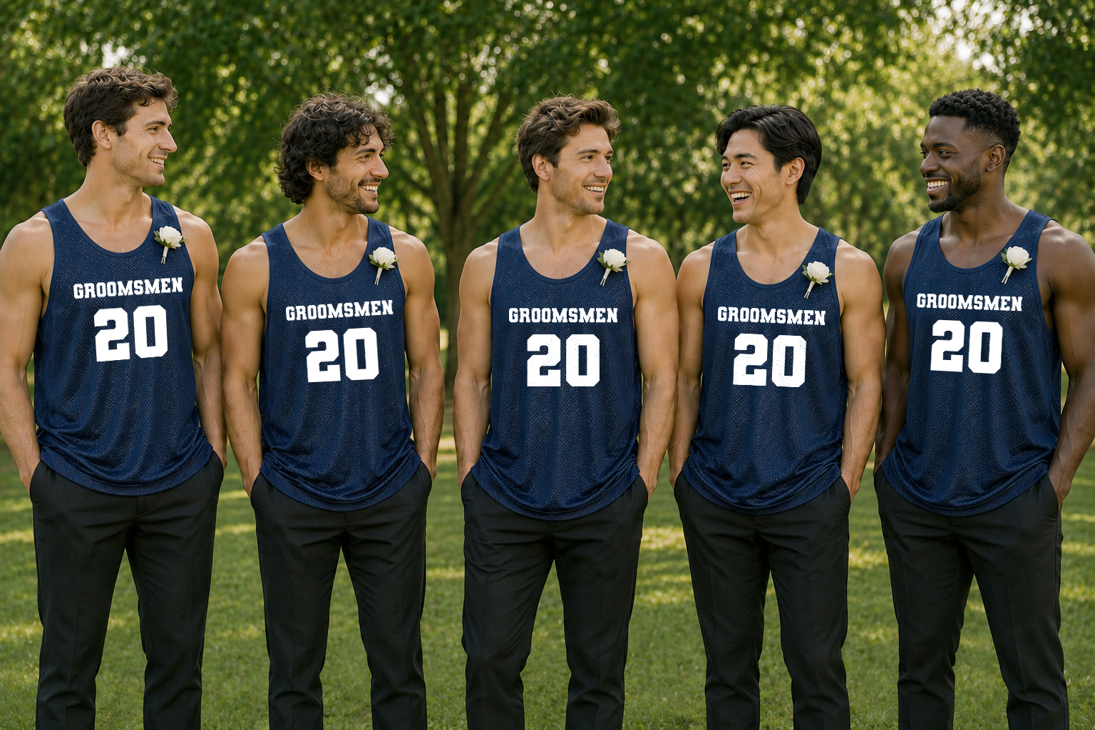 Personalized Navy Blue Jersey Groomsmen Outfit Photoshoot with Custom Number