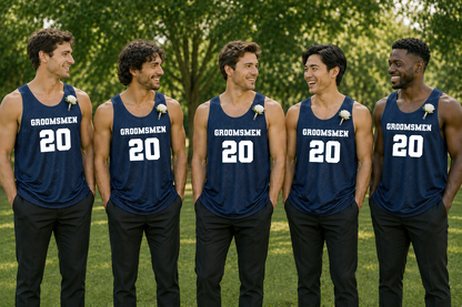 Personalized Navy Blue Jersey Groomsmen Outfit Photoshoot with Custom Number