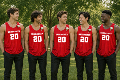 Personalized Red Jersey Groomsmen Outfit Photoshoot with Custom Number