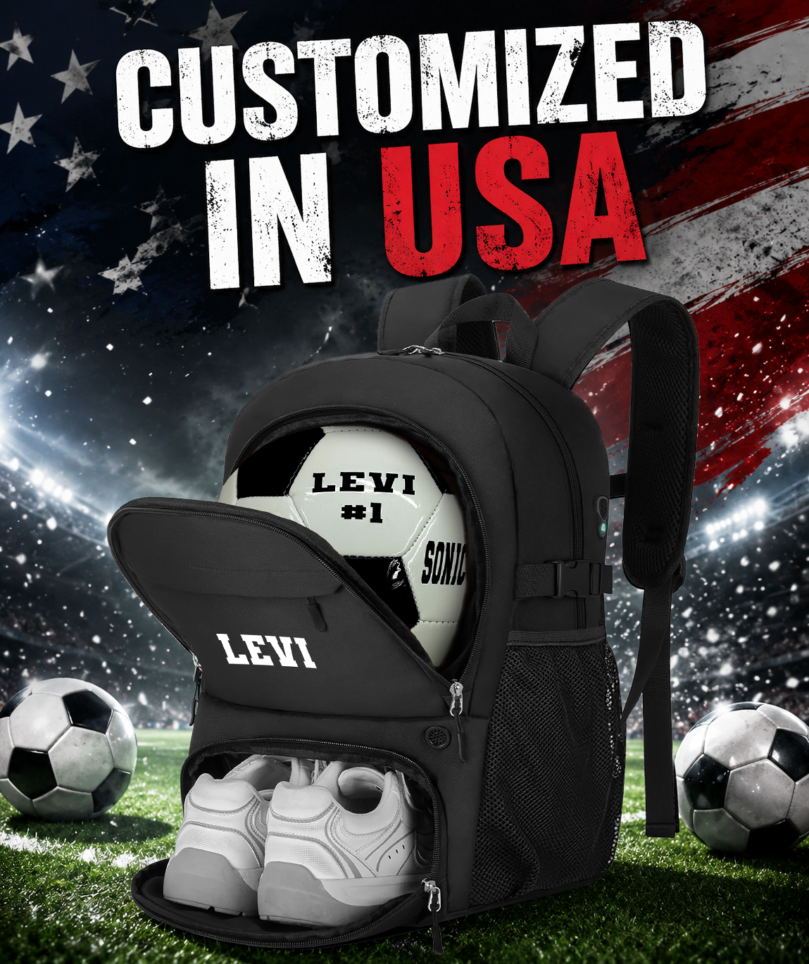 Customized Soccer Ball Black Backpack Customized in USA 