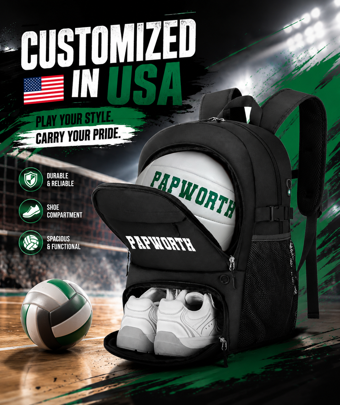 Personalized Volleyball White, Black Backpack Perfect Gift for volleyball players Customized in USA