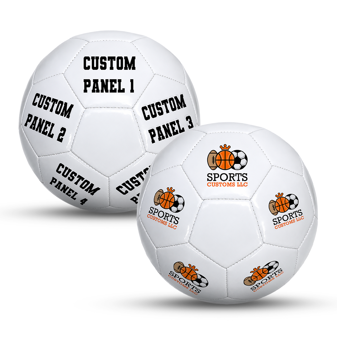 Customized All White Soccer Ball featuring UV-printed custom logo and personalized text. White soccer ball customized for business branding, corporate giveaways, team gifts, coach appreciation, promotional events, and unique personalized gifts.
