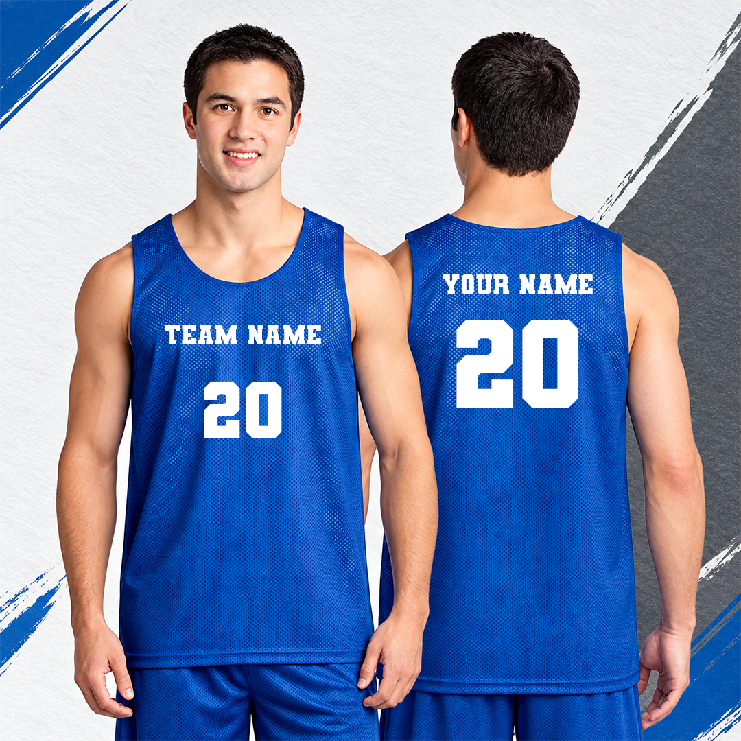 Personalized basketball color royal blue uniform with custom team name, player name, and number