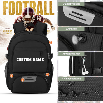 Personalized Football, Black Backpack Water Resistant Perfect Gift for Football players