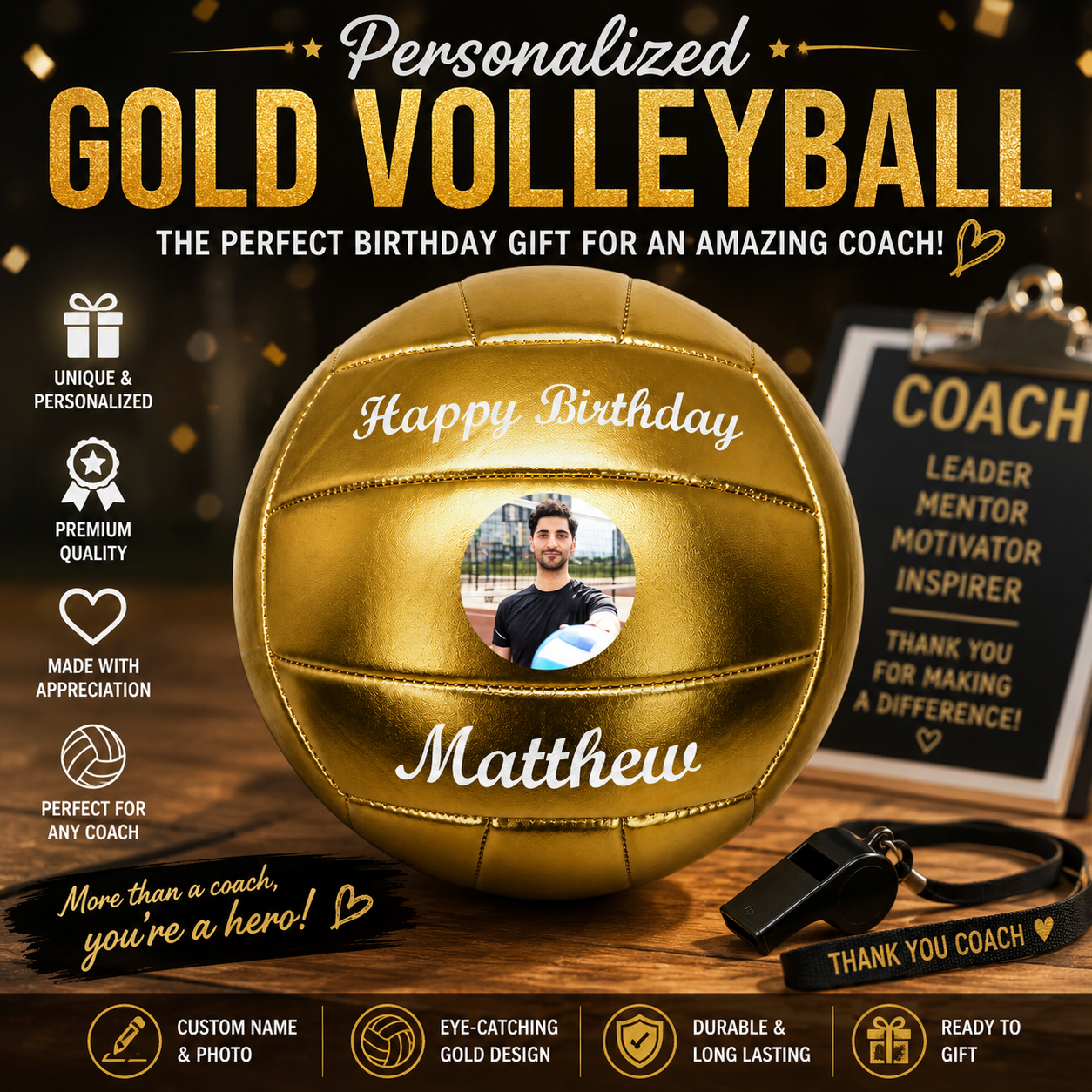 Customized Gold Volleyball Official with 3 panels available UV Print Logo Personalized in USA Perfect for Gift any occasion