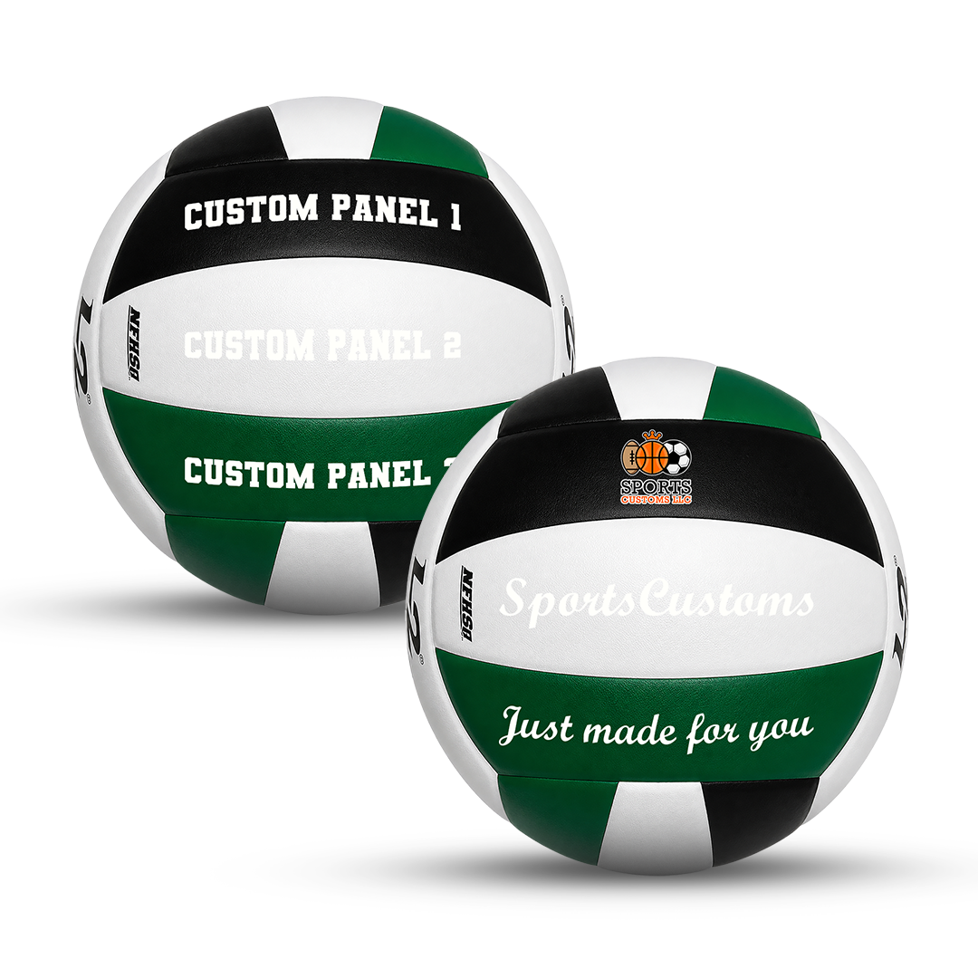 Personalized Molten L2 Black and Green volleyball with custom name, number, logo, or message, featuring durable UV printed personalization on multiple panels, perfect for volleyball players and personalized gifts.