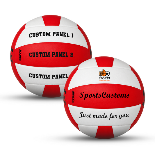 Personalized Molten L2 Red and White volleyball with custom name, number, logo, or message, featuring durable UV printed personalization on multiple panels, perfect for volleyball players and personalized gifts.