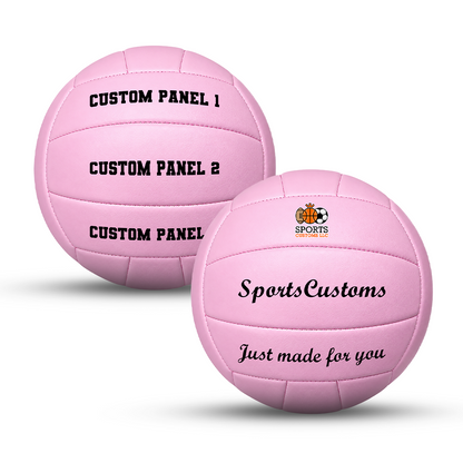 Personalized pink volleyball with custom name, number, logo, or message, official size and weight, featuring durable UV printed personalization on multiple panels, perfect for volleyball players and personalized gifts.