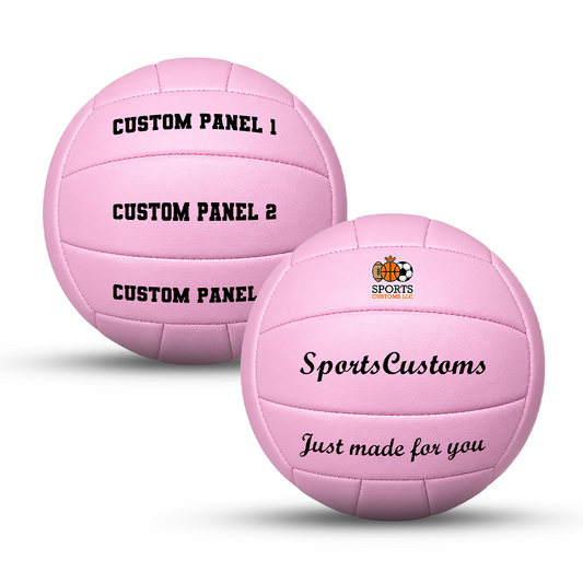 Personalized pink volleyball with custom name, number, logo, or message, official size and weight, featuring durable UV printed personalization on multiple panels, perfect for volleyball players and personalized gifts.