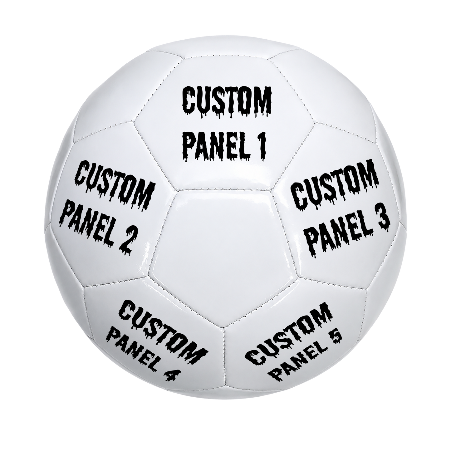 Personalized All White Soccer Ball with custom UV-printed logo and text. Drip Font