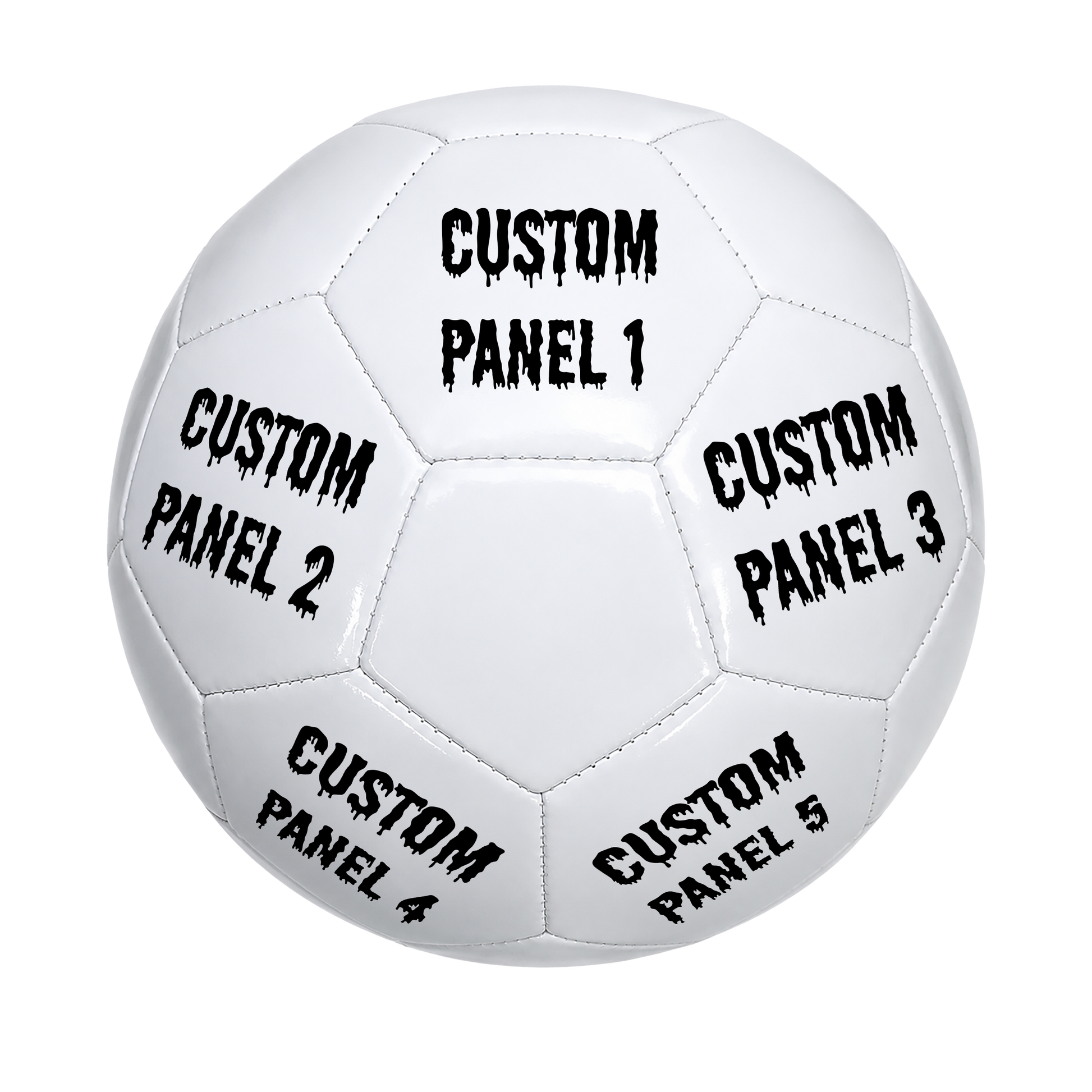 Personalized All White Soccer Ball with custom UV-printed logo and text. Drip Font