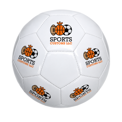 Personalized All White Soccer Ball featuring UV-printed custom logo and personalized text. White soccer ball customized for business branding, corporate giveaways, team gifts, coach appreciation, promotional events, and unique personalized gifts.