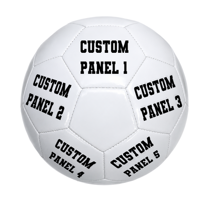 Personalized All White Soccer Ball with custom UV-printed logo and text. Varsity Font